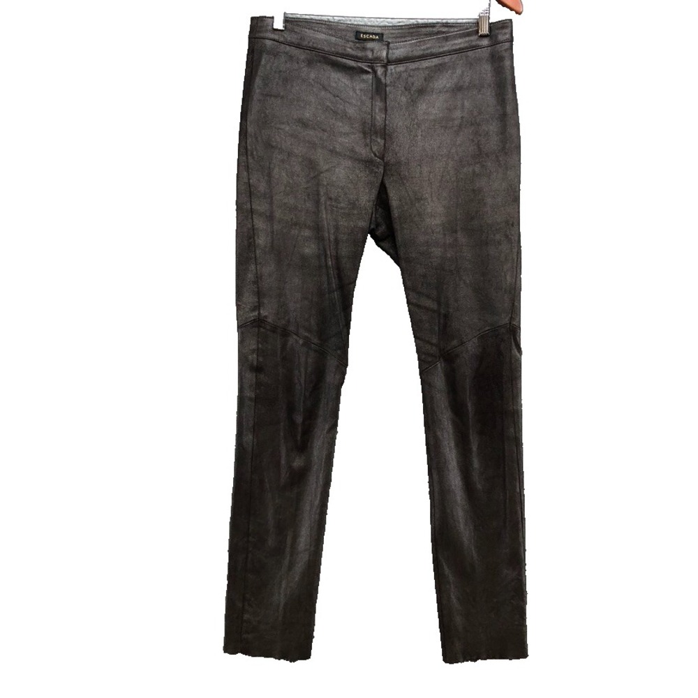 Escada Lamb Leather Pants Womens 40 Medium Brown Shimmer Skinny Mid Rise‎ Rocker